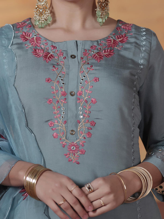 Women Silk Blend Powder Blue Embroidered Kurta Comfort Pant Dupatta.