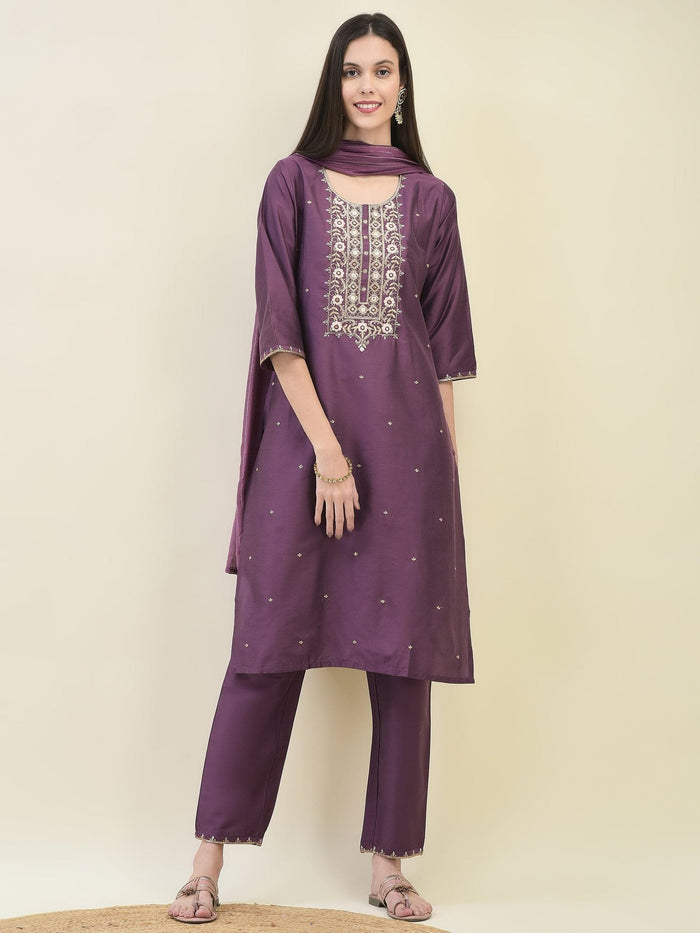 Women Silk Blend Purple Embroidered Kurta Trouser Dupatta.