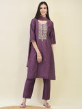 Women Silk Blend Purple Embroidered Kurta Trouser Dupatta.