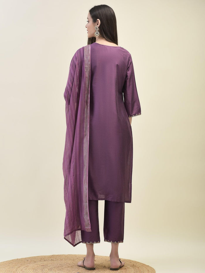 Women Silk Blend Purple Embroidered Kurta Trouser Dupatta.