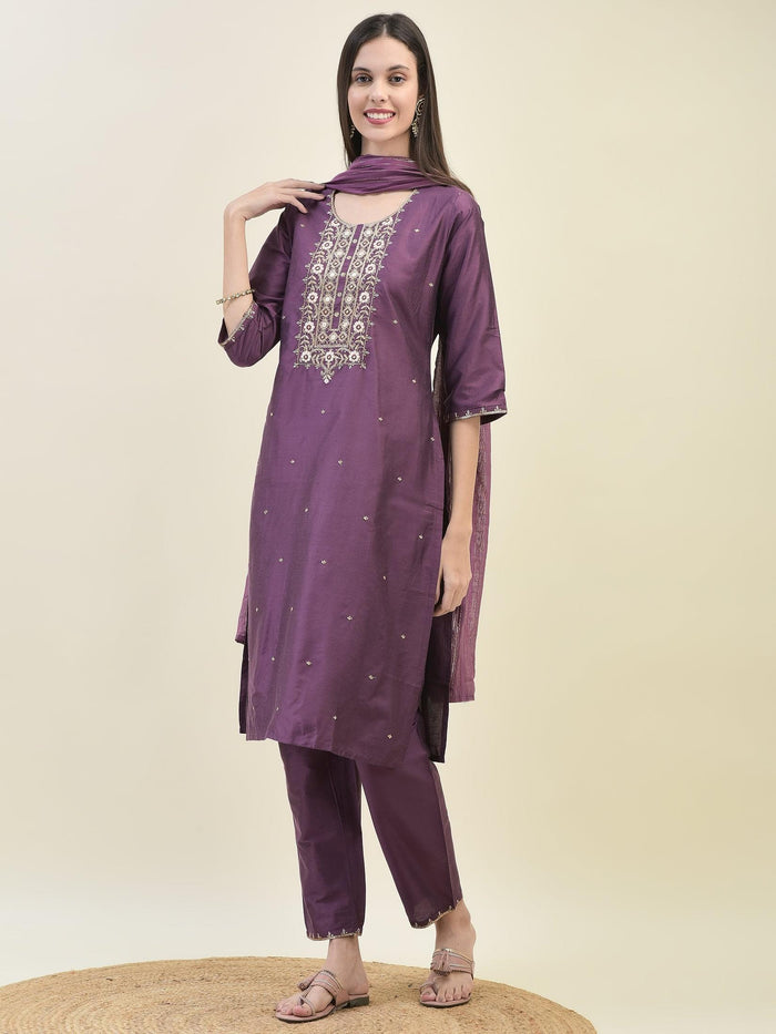 Women Silk Blend Purple Embroidered Kurta Trouser Dupatta.