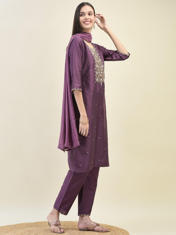 Women Silk Blend Purple Embroidered Kurta Trouser Dupatta.
