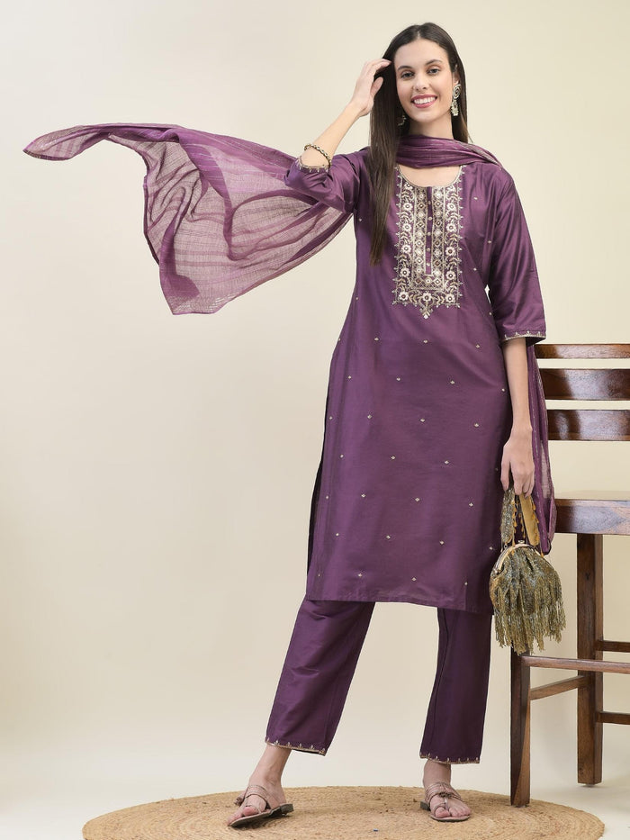 Women Silk Blend Purple Embroidered Kurta Trouser Dupatta.