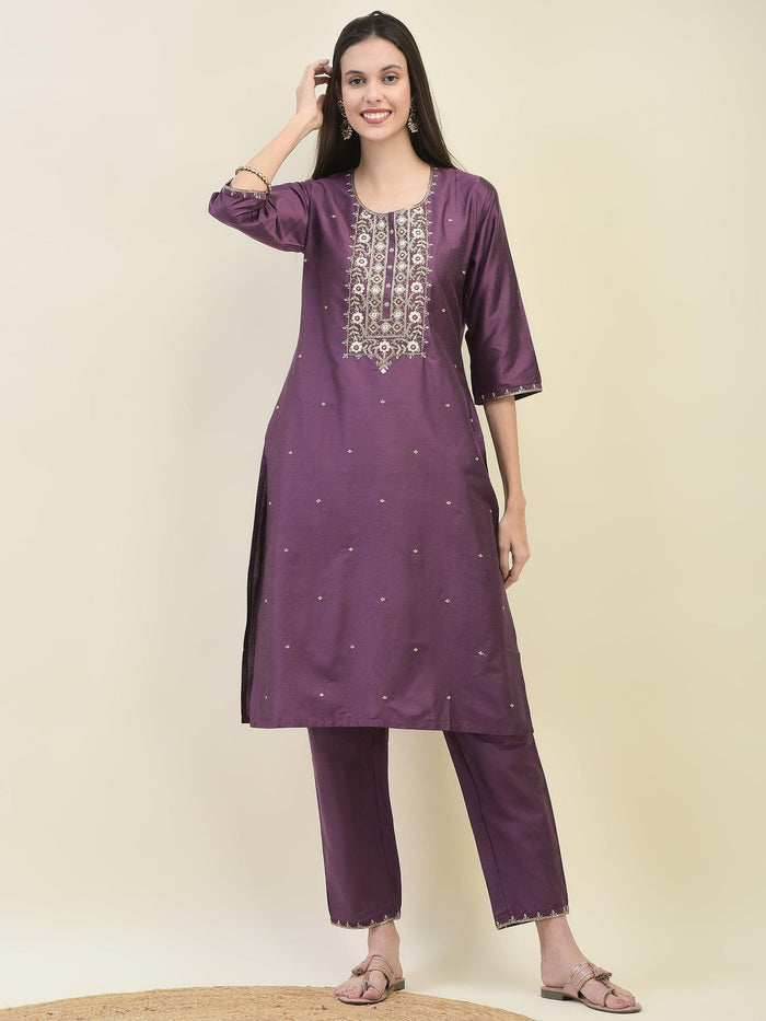 Women Silk Blend Purple Embroidered Kurta Trouser Dupatta.