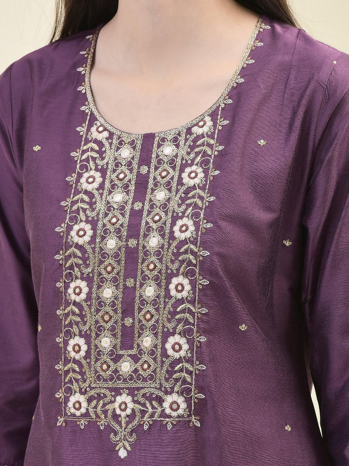 Women Silk Blend Purple Embroidered Kurta Trouser Dupatta.