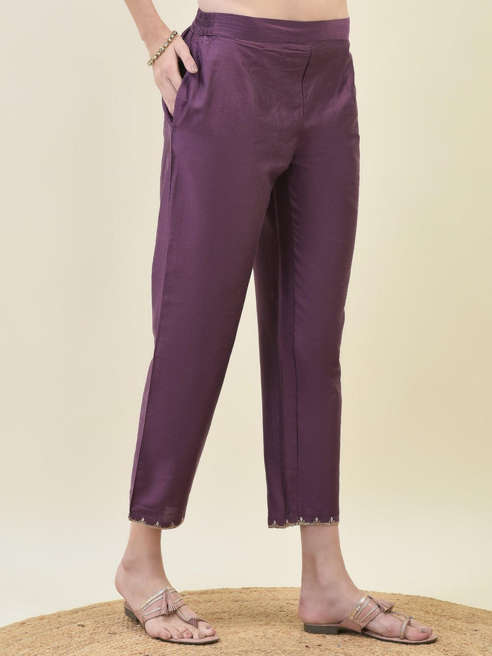 Women Silk Blend Purple Embroidered Kurta Trouser Dupatta.