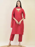 Women Silk Blend Red Embroidered Kurta Trouser Dupatta.