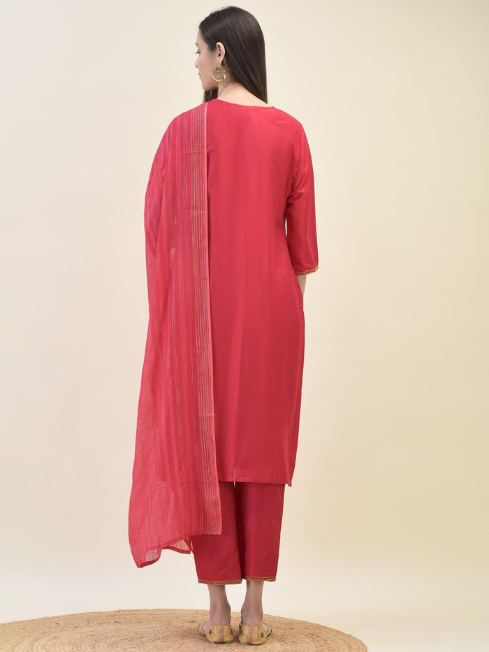 Women Silk Blend Red Embroidered Kurta Trouser Dupatta.