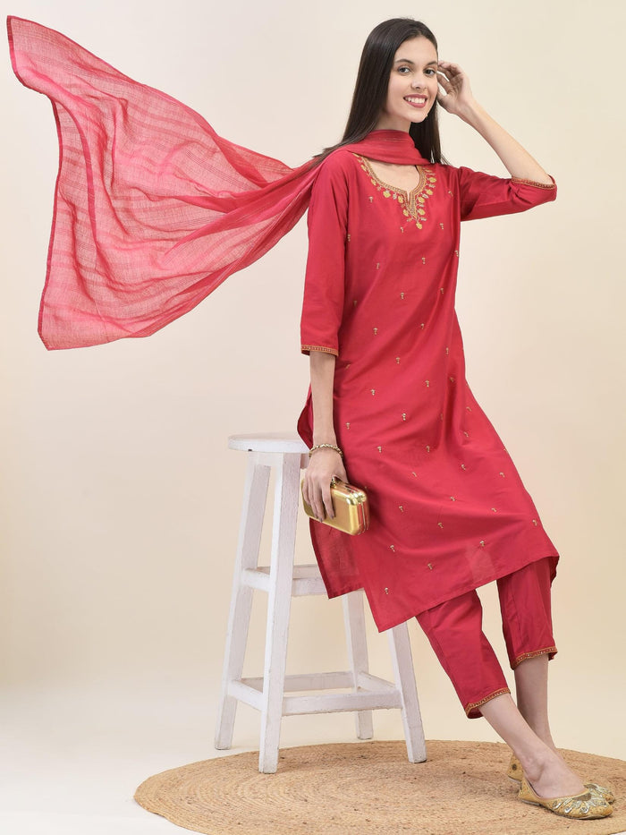 Women Silk Blend Red Embroidered Kurta Trouser Dupatta.