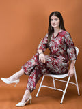 Women Silk Blend Red Floral Print Co-Ord Set.
