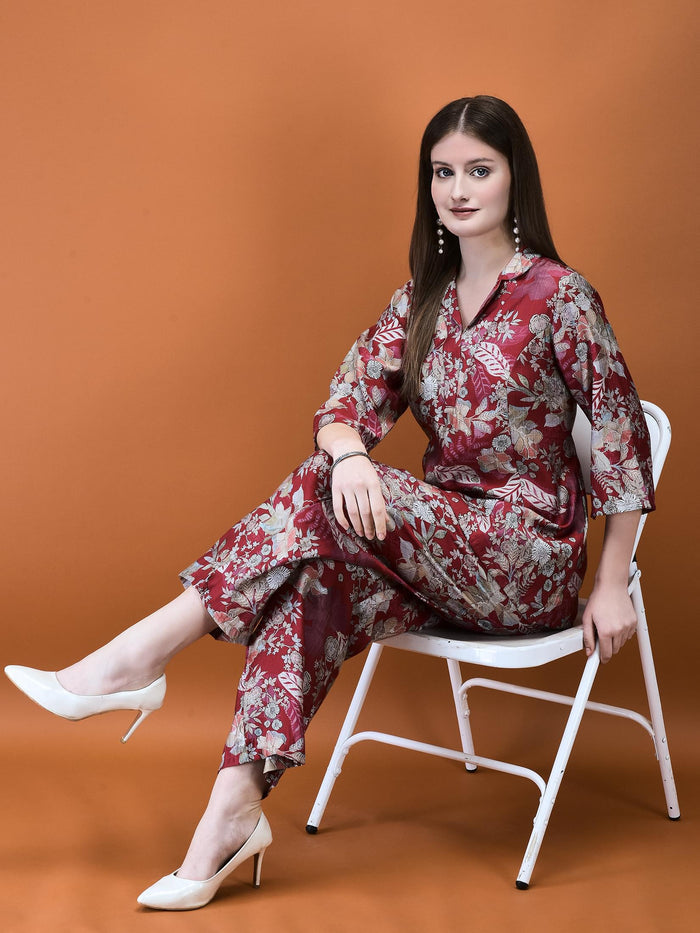 Women Silk Blend Red Floral Print Co-Ord Set.