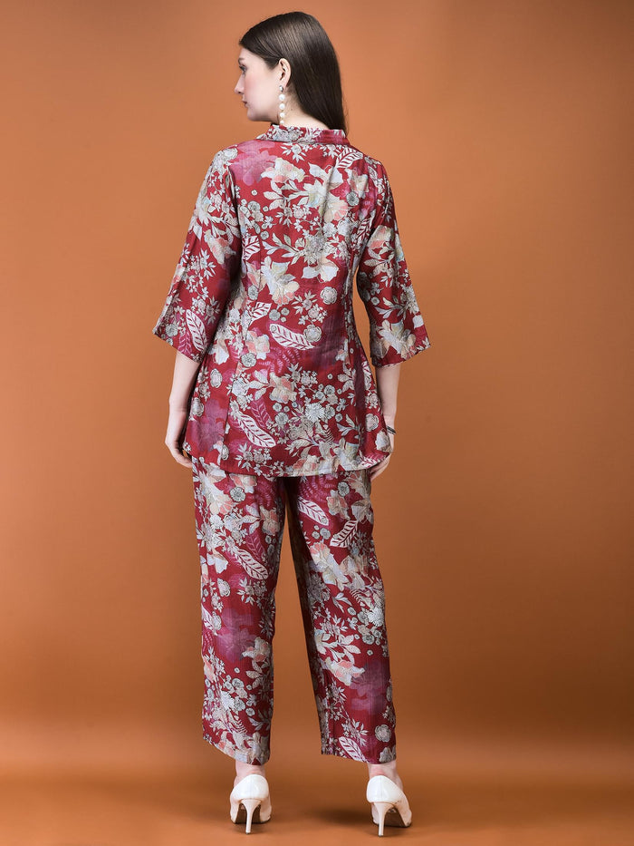 Women Silk Blend Red Floral Print Co-Ord Set.