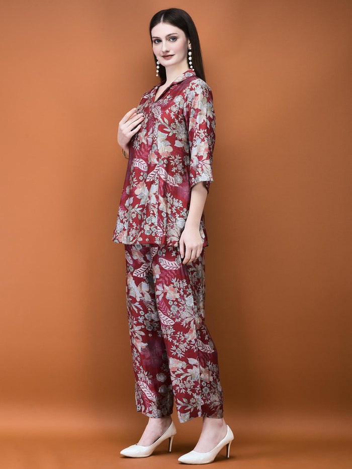 Women Silk Blend Red Floral Print Co-Ord Set.
