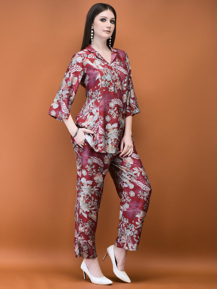 Women Silk Blend Red Floral Print Co-Ord Set.