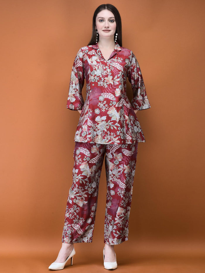 Women Silk Blend Red Floral Print Co-Ord Set.