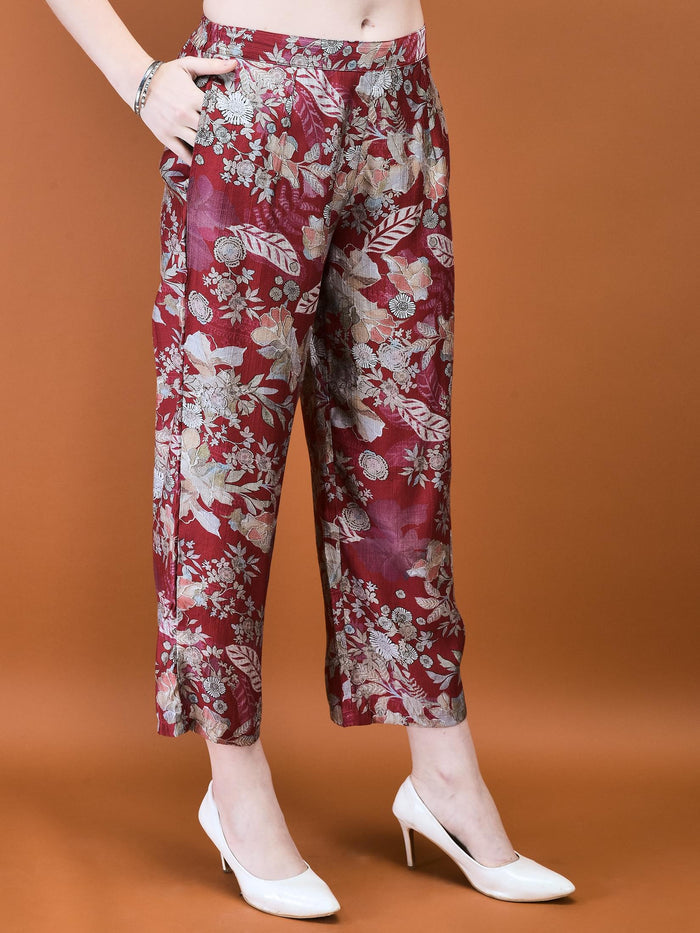 Women Silk Blend Red Floral Print Co-Ord Set.