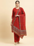 Women Silk Blend Red Jacquard Kurta Comfort Pant Dupatta.