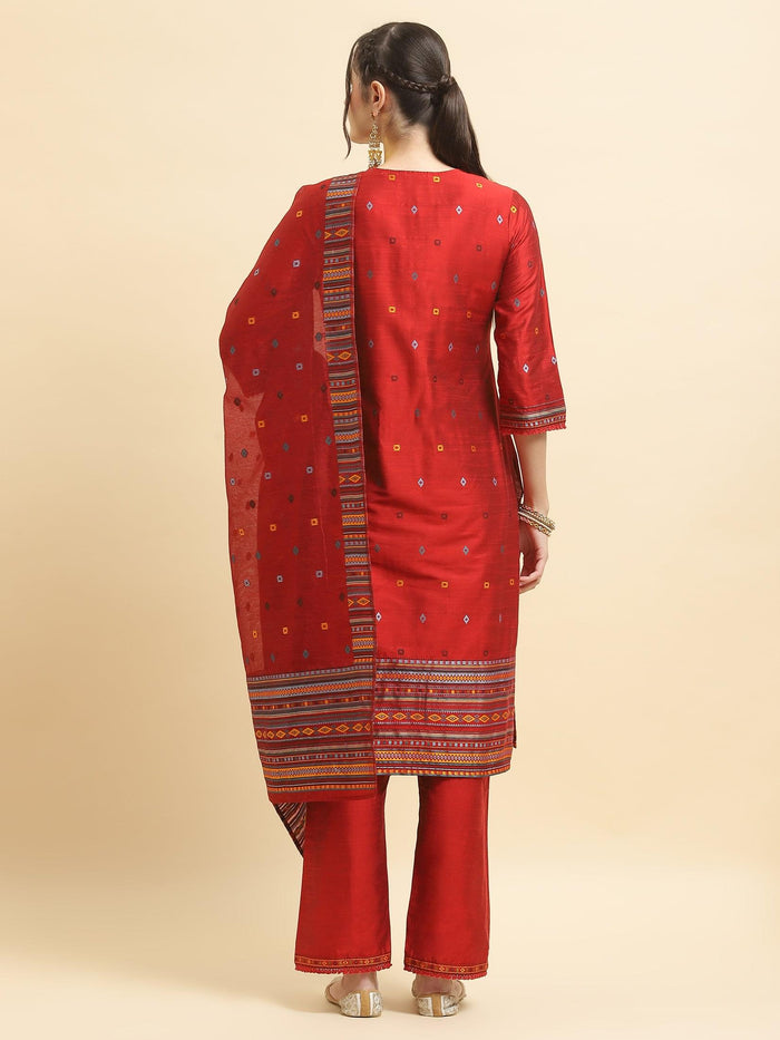 Women Silk Blend Red Jacquard Kurta Comfort Pant Dupatta.