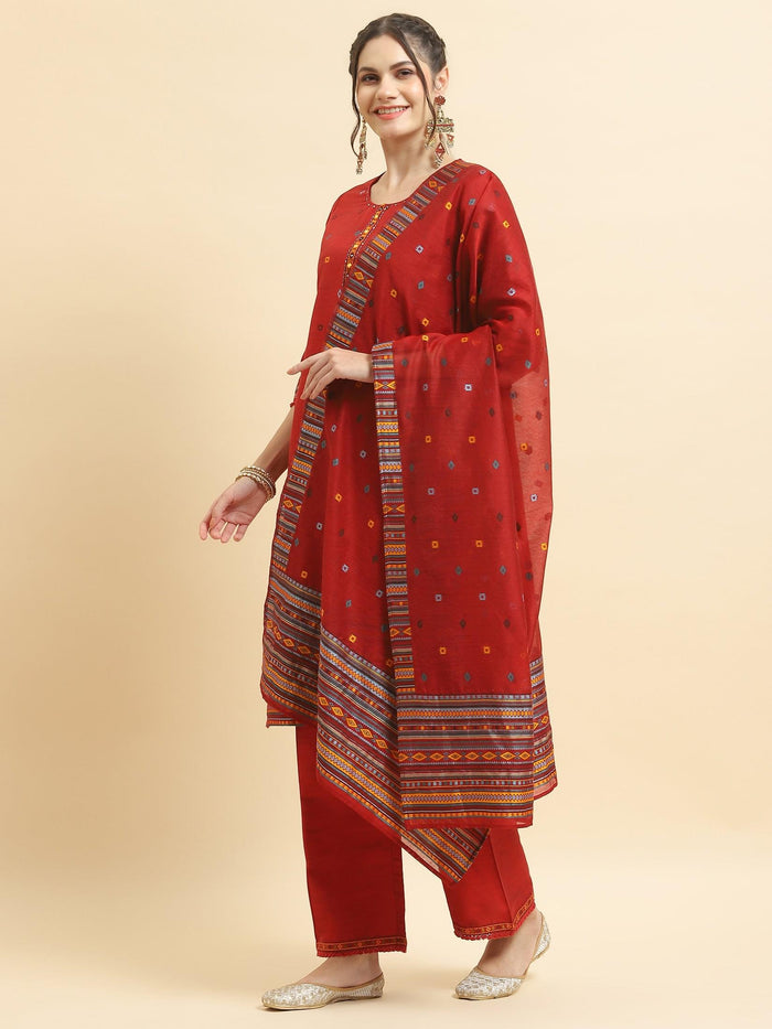 Women Silk Blend Red Jacquard Kurta Comfort Pant Dupatta.