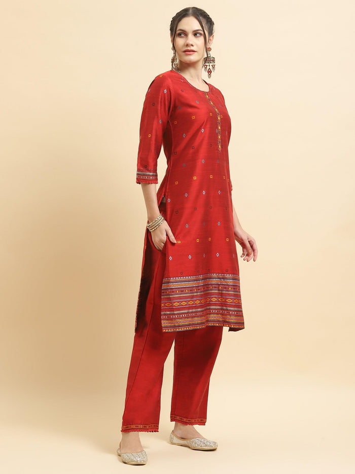 Women Silk Blend Red Jacquard Kurta Comfort Pant Dupatta.