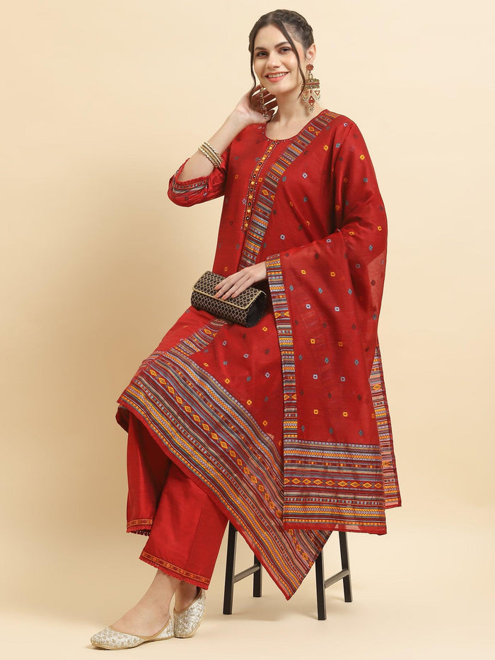 Women Silk Blend Red Jacquard Kurta Comfort Pant Dupatta.