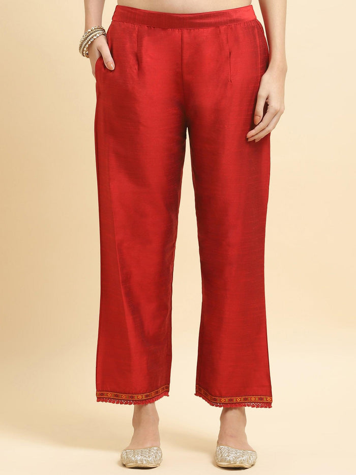 Women Silk Blend Red Jacquard Kurta Comfort Pant Dupatta.