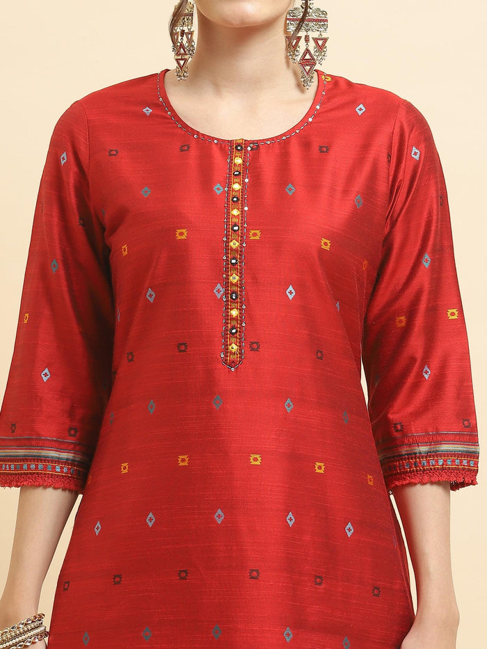 Women Silk Blend Red Jacquard Kurta Comfort Pant Dupatta.
