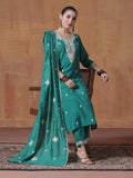 Women Silk Blend Turquoise Blue Embroidered Kurta Comfort Pant Dupatta.