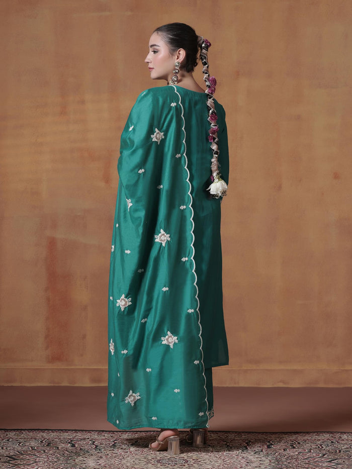 Women Silk Blend Turquoise Blue Embroidered Kurta Comfort Pant Dupatta.