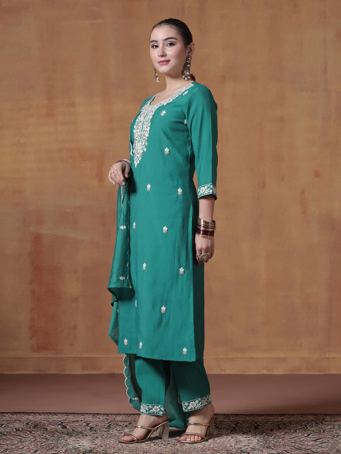 Women Silk Blend Turquoise Blue Embroidered Kurta Comfort Pant Dupatta.