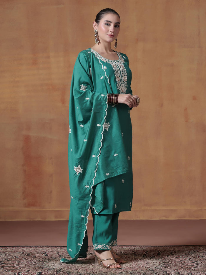 Women Silk Blend Turquoise Blue Embroidered Kurta Comfort Pant Dupatta.