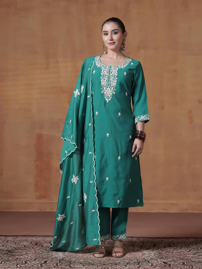 Women Silk Blend Turquoise Blue Embroidered Kurta Comfort Pant Dupatta.