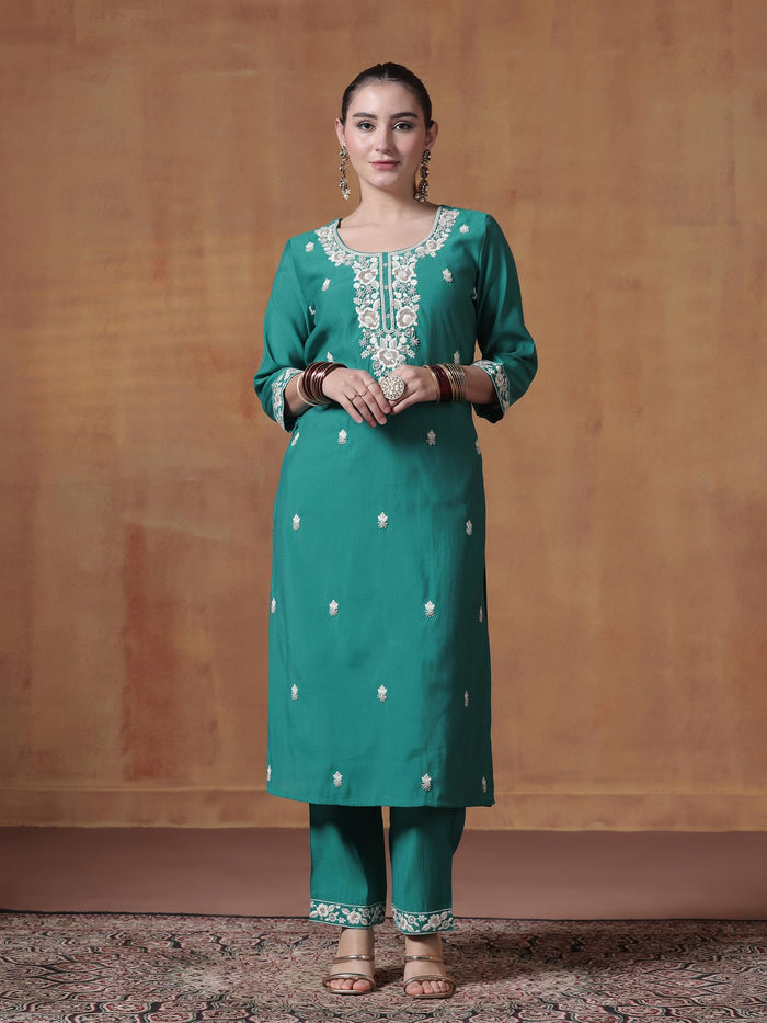 Women Silk Blend Turquoise Blue Embroidered Kurta Comfort Pant Dupatta.