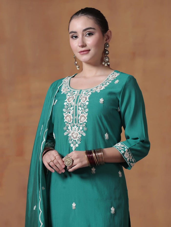 Women Silk Blend Turquoise Blue Embroidered Kurta Comfort Pant Dupatta.