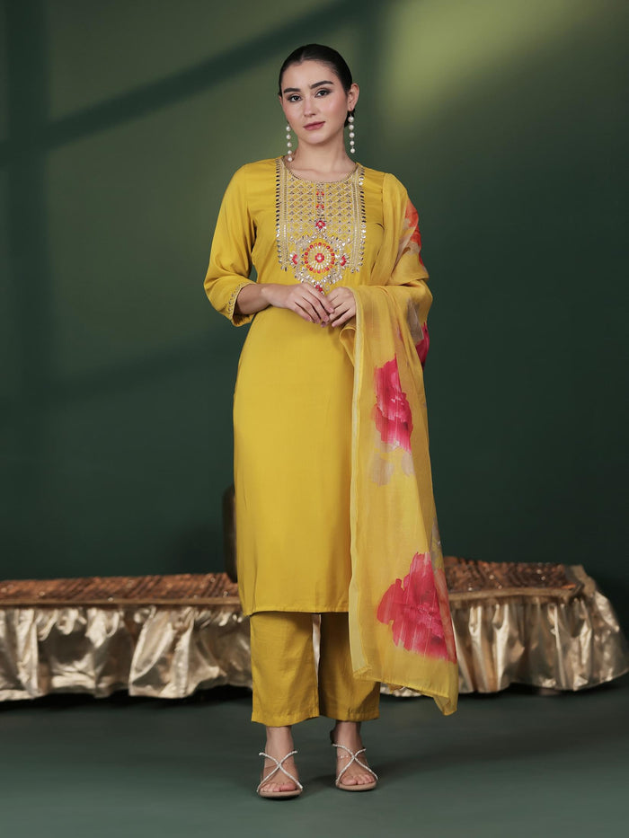 Women Silk Blend Yellow Embroidered Kurta Comfort Pant Dupatta.