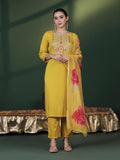 Women Silk Blend Yellow Embroidered Kurta Comfort Pant Dupatta.