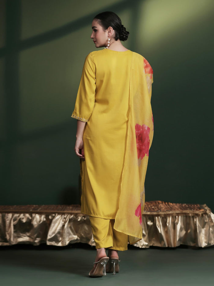 Women Silk Blend Yellow Embroidered Kurta Comfort Pant Dupatta.