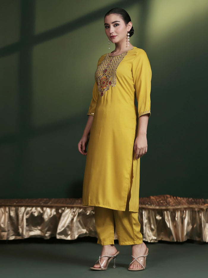 Women Silk Blend Yellow Embroidered Kurta Comfort Pant Dupatta.