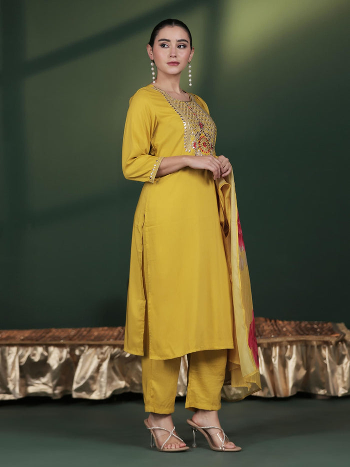 Women Silk Blend Yellow Embroidered Kurta Comfort Pant Dupatta.