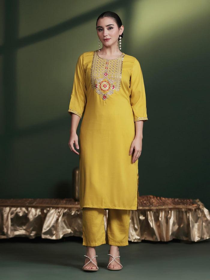 Women Silk Blend Yellow Embroidered Kurta Comfort Pant Dupatta.