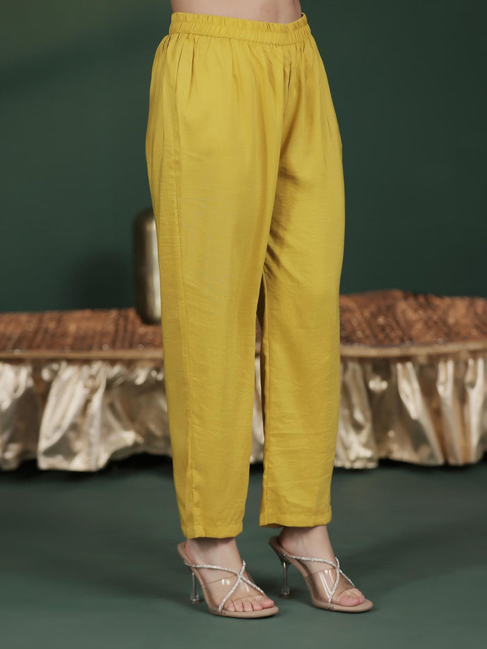 Women Silk Blend Yellow Embroidered Kurta Comfort Pant Dupatta.