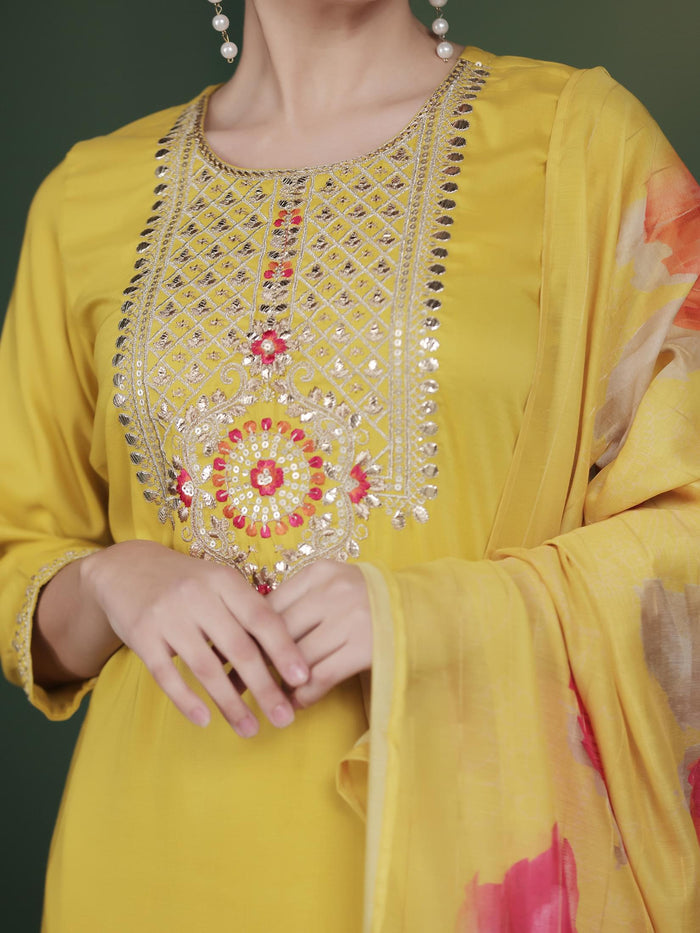 Women Silk Blend Yellow Embroidered Kurta Comfort Pant Dupatta.