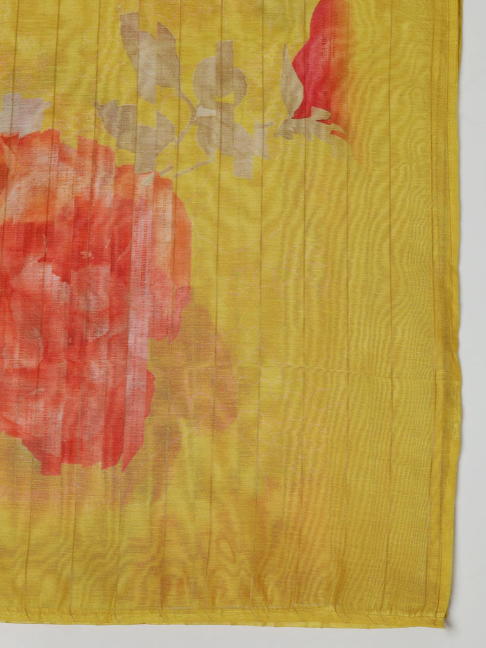 Women Silk Blend Yellow Embroidered Kurta Comfort Pant Dupatta.