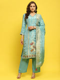Women Silk Blue Woven Kurta Comfort Pant Dupatta.