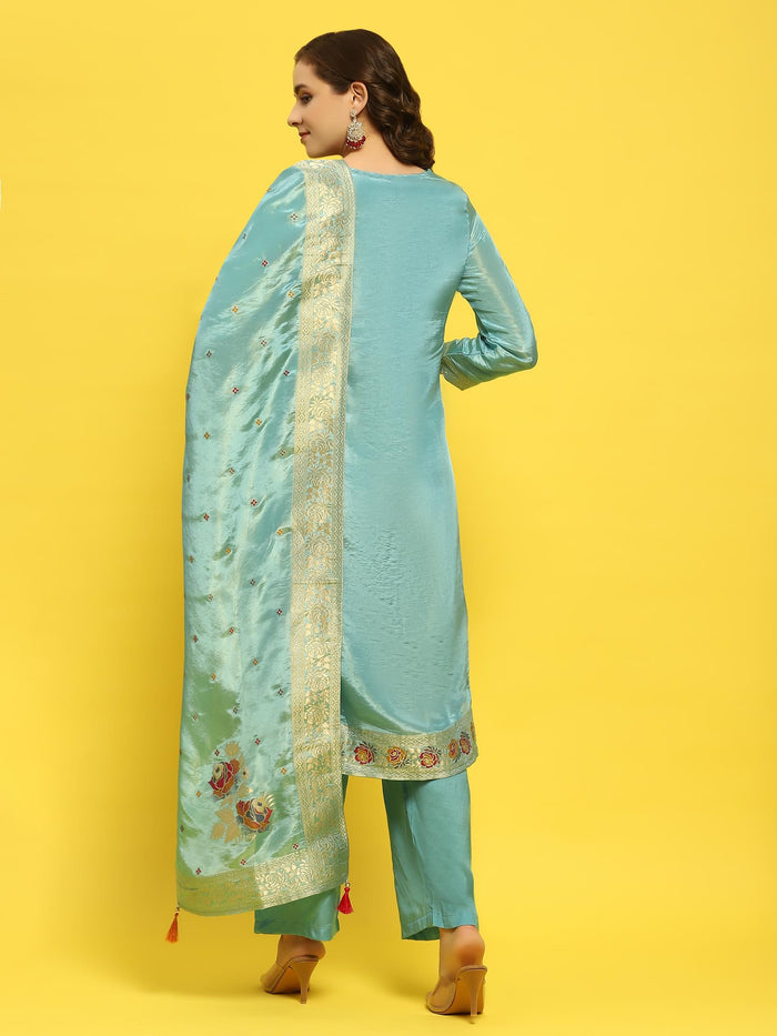 Women Silk Blue Woven Kurta Comfort Pant Dupatta.