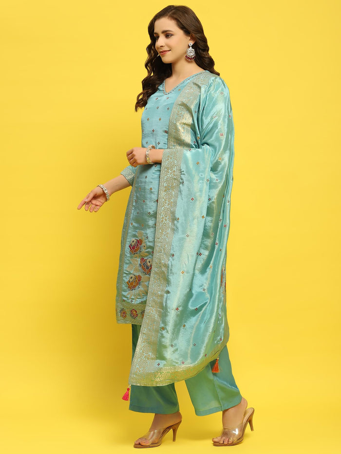 Women Silk Blue Woven Kurta Comfort Pant Dupatta.