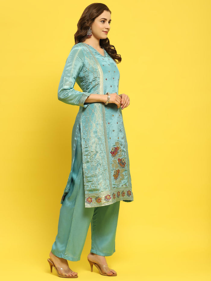 Women Silk Blue Woven Kurta Comfort Pant Dupatta.