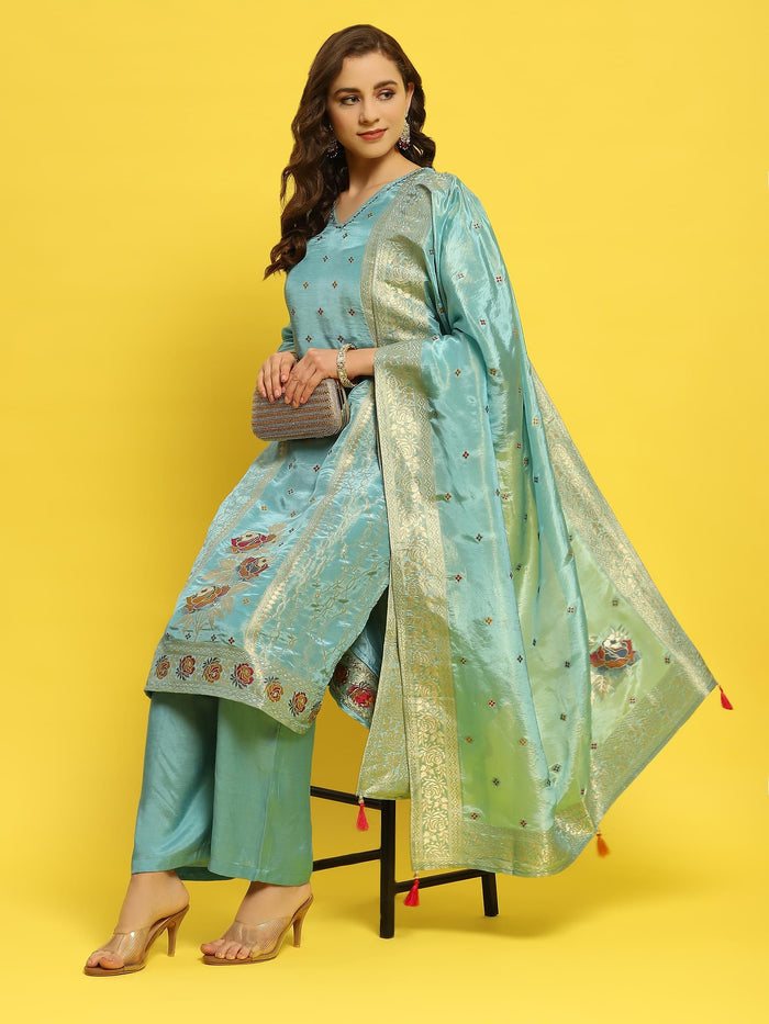 Women Silk Blue Woven Kurta Comfort Pant Dupatta.