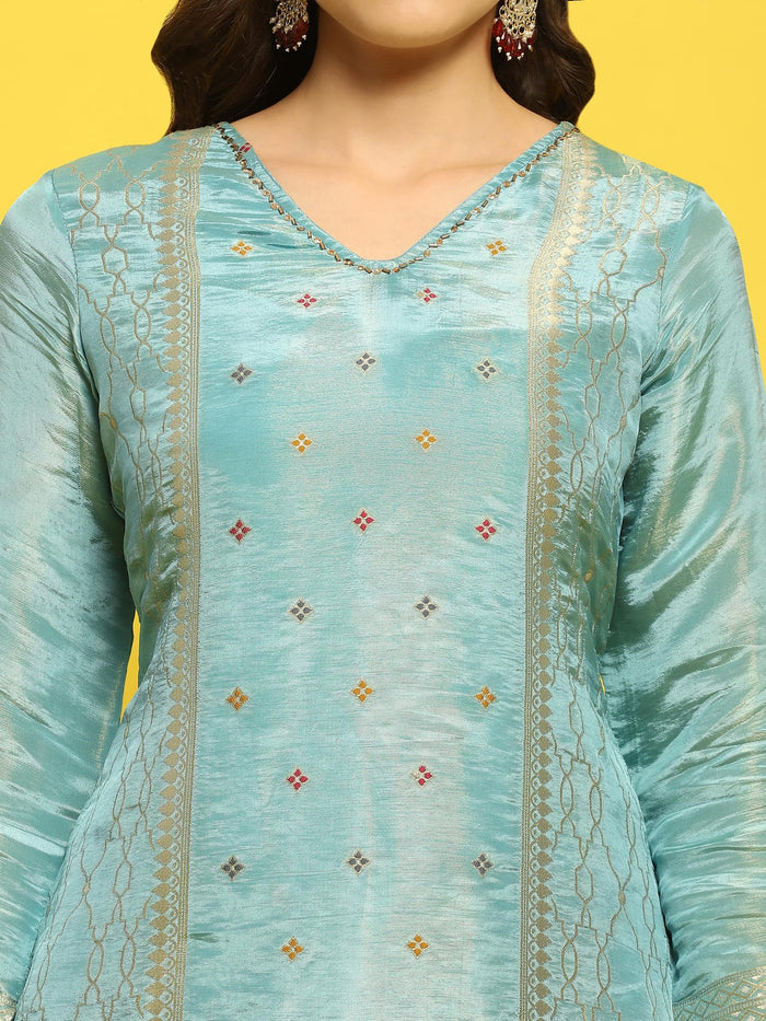 Women Silk Blue Woven Kurta Comfort Pant Dupatta.