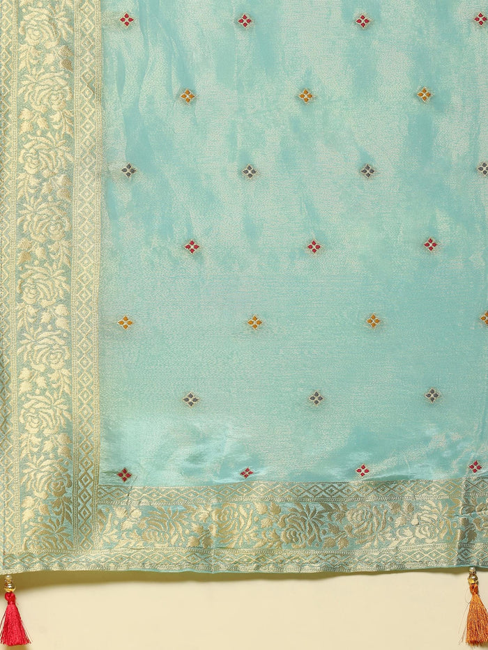 Women Silk Blue Woven Kurta Comfort Pant Dupatta.